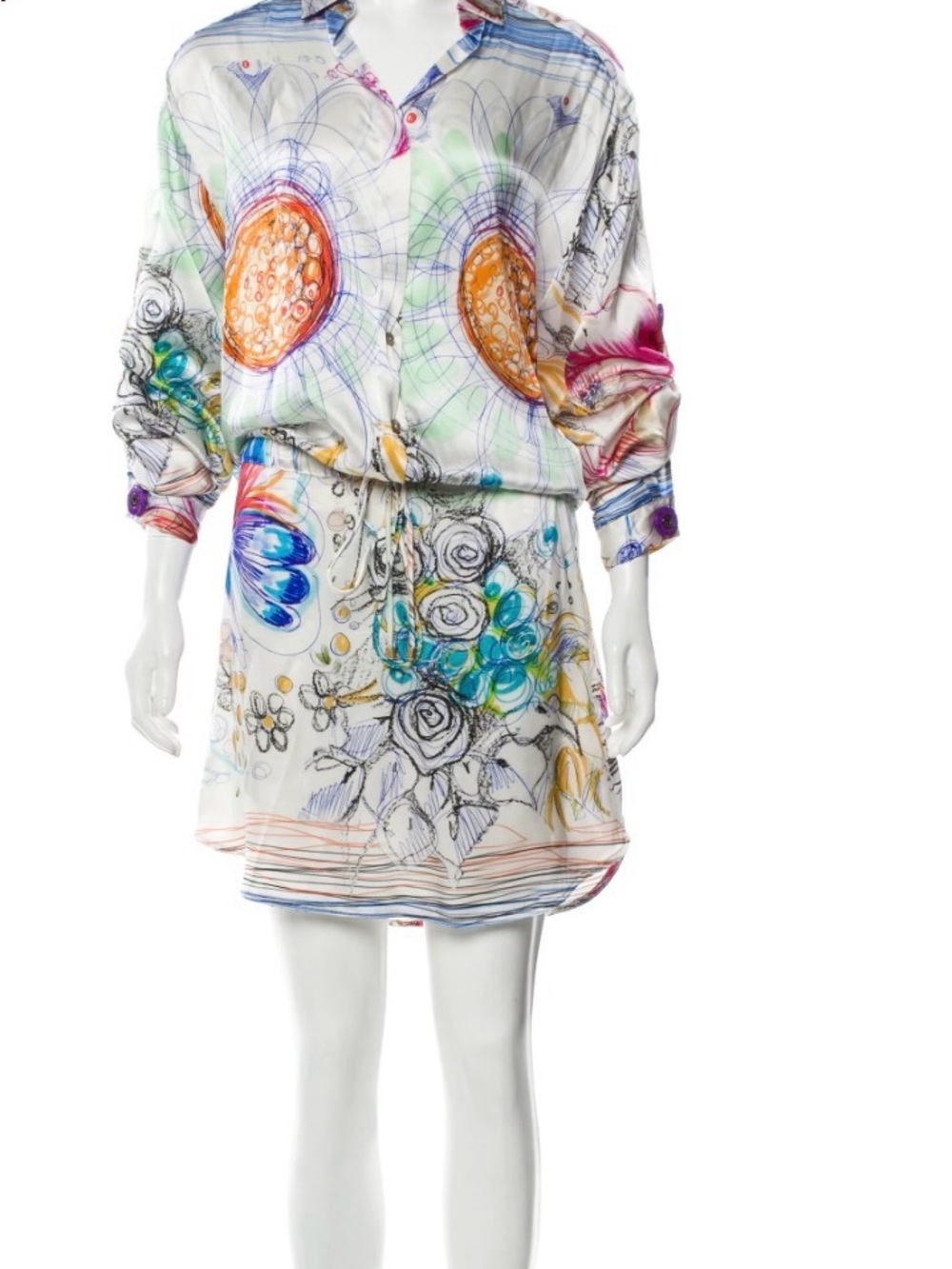 Silvia Tcherassi White Multicolor Floral Drawstring Mini Dress